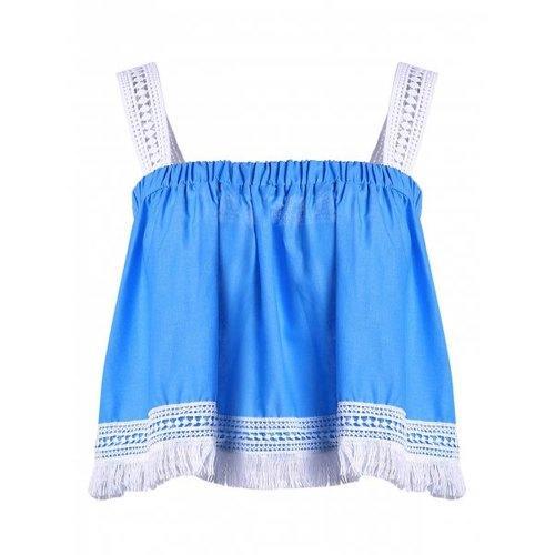 Women's Stylish Spaghetti Strap Lace Tassles Crop Top - Blue And White M