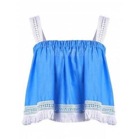 Women's Stylish Spaghetti Strap Lace Tassles Crop Top - Blue And White M