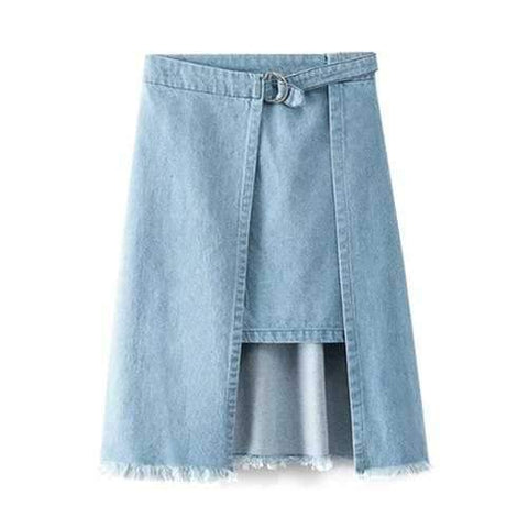 Trendy High-Waisted Irregular Hem Frayed Women's Denim Skirt - Blue L