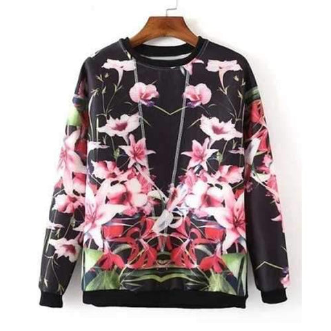 Sweet Round Collar Long Sleeve Floral Print Women's Sweatshirt - S