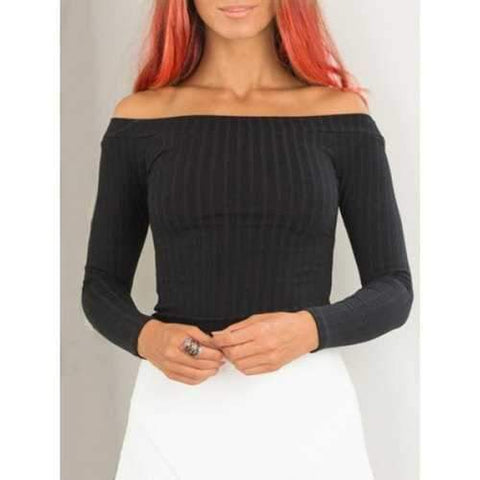 Sexy Off The Shoulder Solid Color Long Sleeve Crop Top For Women - Black Xl