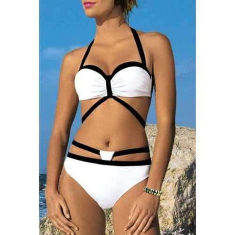 Simple Halter Color Block Bikini Set For Women - White And Black L