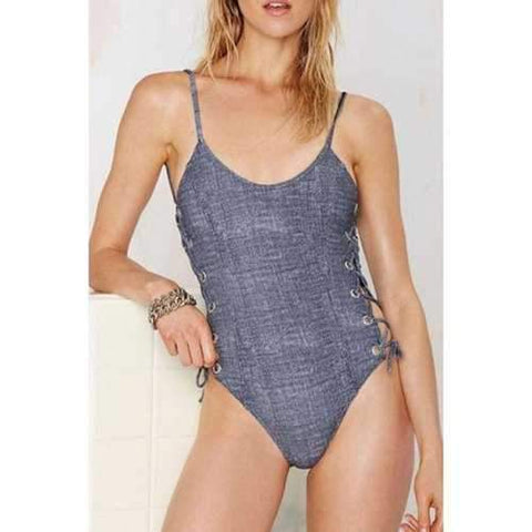 Sexy Spaghetti Strap Backless One Piece Swimwear For Women - Deep Gray M