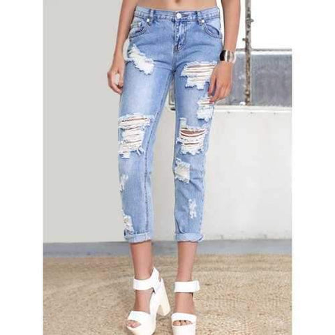 Stylish Mid-Waisted Ripped Jeans For Women - Light Blue M