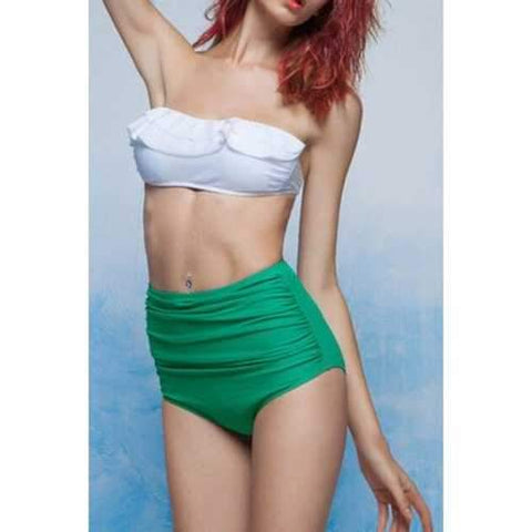 Vintage High-Waisted Flounce Bikini Set For Women - White And Green S