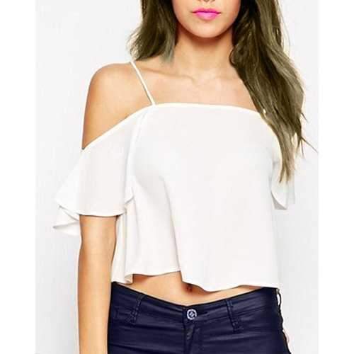 Stylish Spaghetti Strap Chiffon Short Sleeve Crop Top For Women - White M