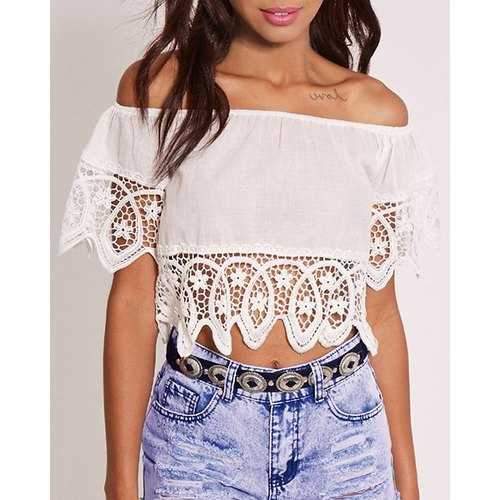 Sexy Off-The-Shoulder Short Sleeve Openwork Flower Pattern White Crop Top For Women - White S