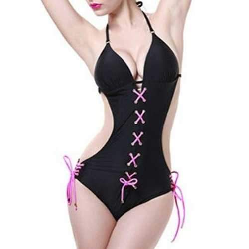 Sexy Halter Hollow Out Bandage Design Women's Swimwear - Black Xl