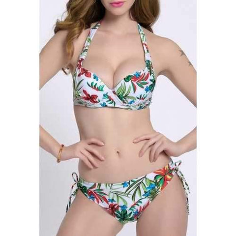 Stylish Halter Plant Print Plus Size Bikini Set For Women - White 2xl