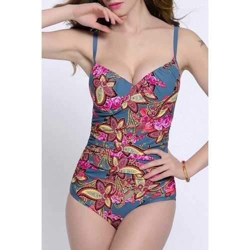 Stylish Spaghetti Strap Print Plus Size One-Piece Swimsuit For Women - Gray 8xl