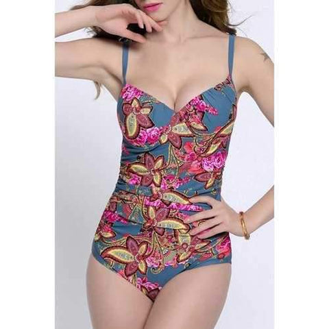 Stylish Spaghetti Strap Print Plus Size One-Piece Swimsuit For Women - Gray 8xl