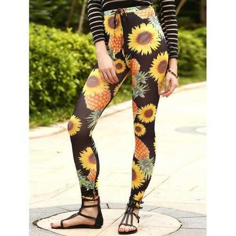 Stylish Drawstring Sun Flower Print Narrow Feet Pants For Women - Black Xl