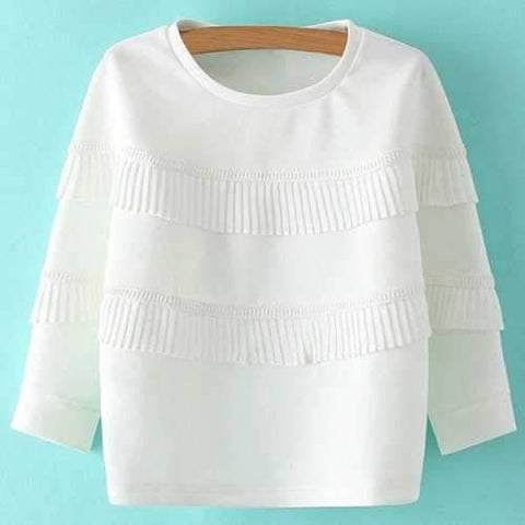 Sweet Round Neck Ruffles 3/4 Sleeve Sweatshirt For Women - White S