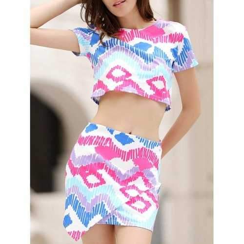 Stylish Short Sleeve Argyle Print Crop Top and Mini Skirt Women's Suit - S