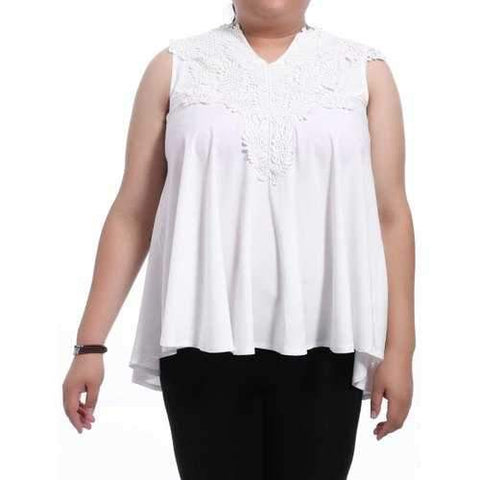 Sweet V-Neck White Lace Spliced Sleeveless Blouse For Women - White 2xl