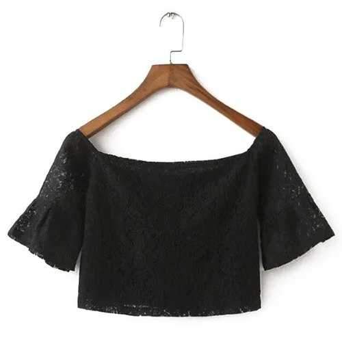 Sexy Off-The-Shoulder Half Sleeve Hollow Out Lace Floral Crop Top For Women - Black M