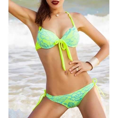 Sweet Halter Floral Print Bowknot Design Women's Bikini Set - Green Xl