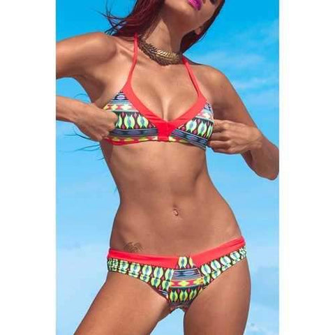 Trendy Halter Neck Printed Backless Colored Bikini Set For Women - M