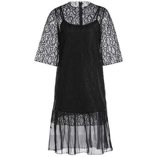 Fashion Round Neck Openwork Lace Hook Dress + Camisole Dress Women's Twinset - Black One Size(fit Size Xs To M)