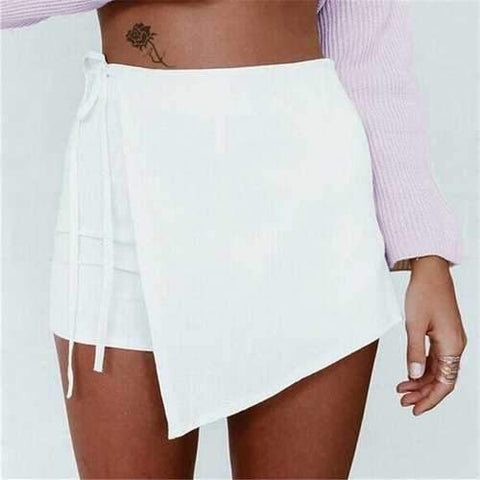 Trendy High Waist Solid Color Irregular Mini Shorts For Women - White L