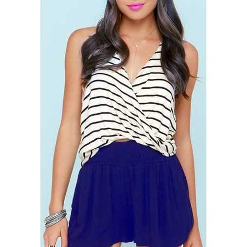 Women's Stylish Plunging Neck Striped Backless Crop Top - Stripe Xs