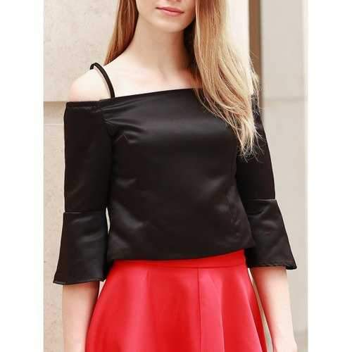 Stylish Spaghetti Strap Flare Sleeve Women's Crop Top - Black S