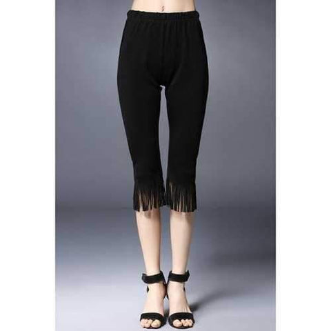 Trendy Solid Color Tassels Spliced Capri Pants For Women - Black 5xl