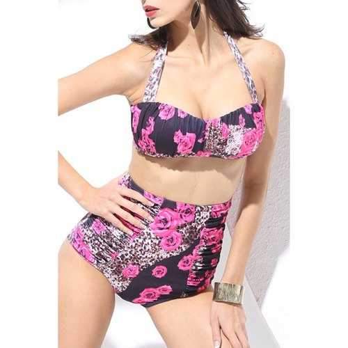 Stylish Halter Neck Floral and Leopard Print High Waist Bikini Set For Women - Pink 2xl