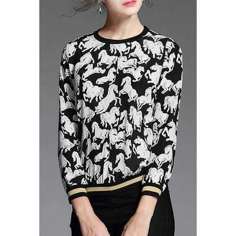 Women's Stylish Round Neck Long Sleeve Horse Sweatshirt - White L