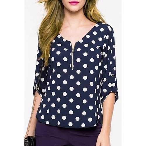 Chic Scoop Neck 3/4 Sleeve Polka Dot Zipper Design Women's Blouse - Blue And White S