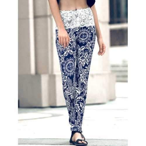 Stylish Skinny Ethnic Print Lace Spliced Women's Pants - Black M