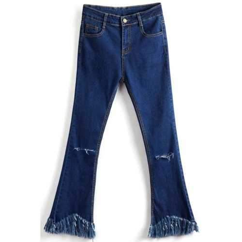 Stylish Ripped Tassels Spliced Boot Cut Jeans For Women - Deep Blue S