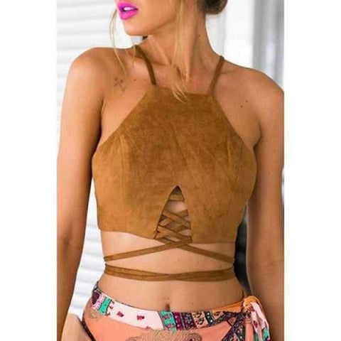 Chic Spaghetti Strap Lace-Up Crop Top For Women - Light Brown Xl