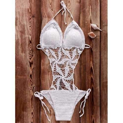 Plunging Neck Openwork Crochet Monokini One Piece Swimwear - White M