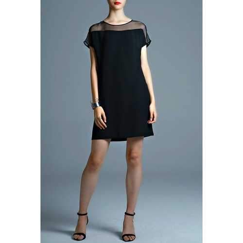 Elegant Solid Color Organza Spliced Women's Dress - Black L