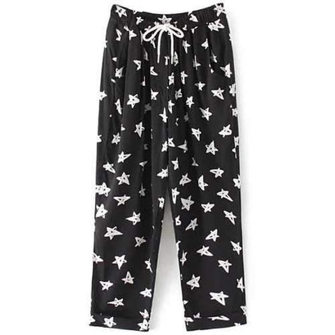 Trendy Pentagram Print Drawstring Pants For Women - Black S