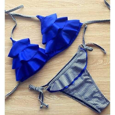 Women's Chic Blue Flounce Halter Bikini Suit - Blue M