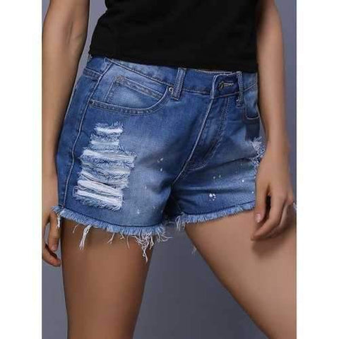 High Waist Rippped Cut Off Denim Shorts - Denim Blue M