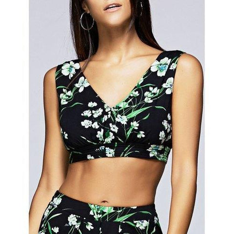 Stylish Women's V Neck Floral Crop Top - Black And Green Xl