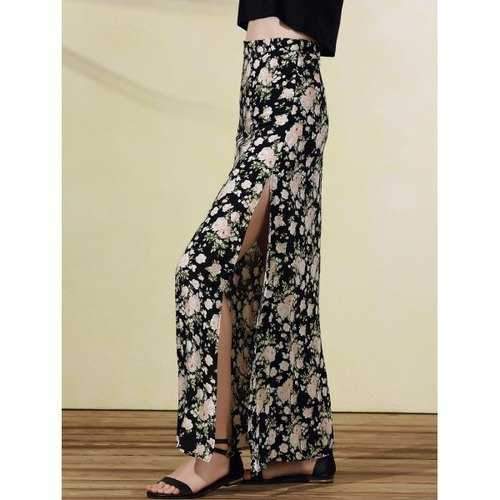 Trendy Rose Print High Slit Skirt For Women - Black S