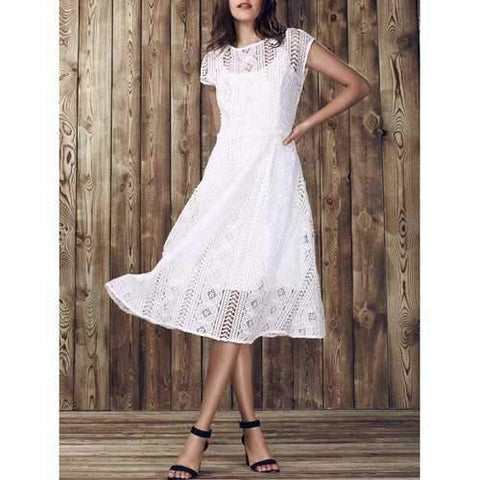 Elegant Round Collar Hollow Out Short Sleeve Lace Dress For Women - White S