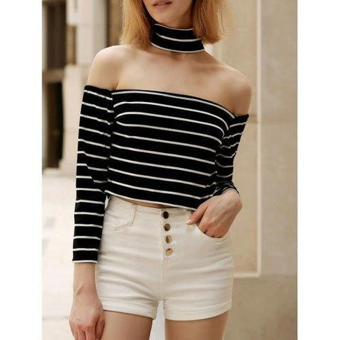 Chic Turtleneck Long Sleeve Striped Zippered Crop Top For Women - Black S