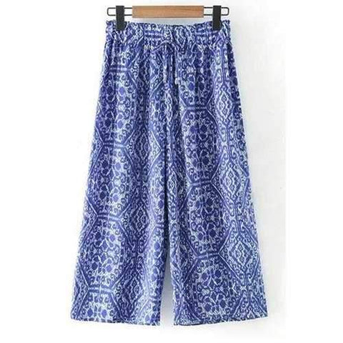 Trendy Elastic Waist Printed Wide Leg Pants For Women - Blue L