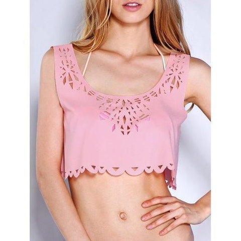 Scoop Neck Laser Cut Crop Tank Top - Pink Xl