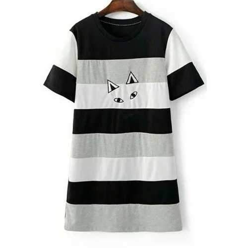 Stylish Round Neck Short Sleeve Cartoon Embroidery Women's Dress - S