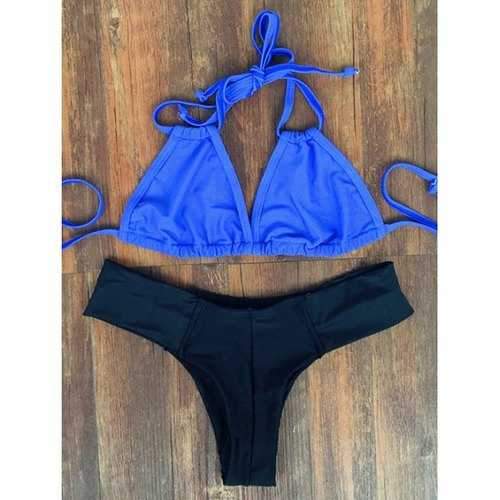 Trendy Color Block High-Cut Women's Bikini Set - Blue And Black M