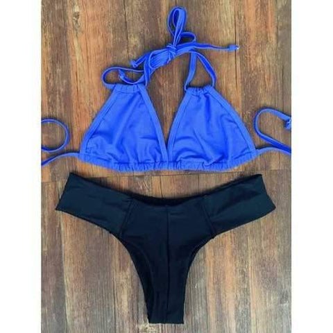 Trendy Color Block High-Cut Women's Bikini Set - Blue And Black M