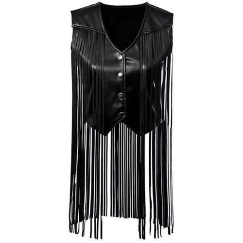 Stylish V Neck PU Leather Tassels Women's Waistcoat - Black S