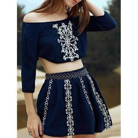 Stylish Off The Shoulder Embroidery Women's Two Piece Dress - Purplish Blue S