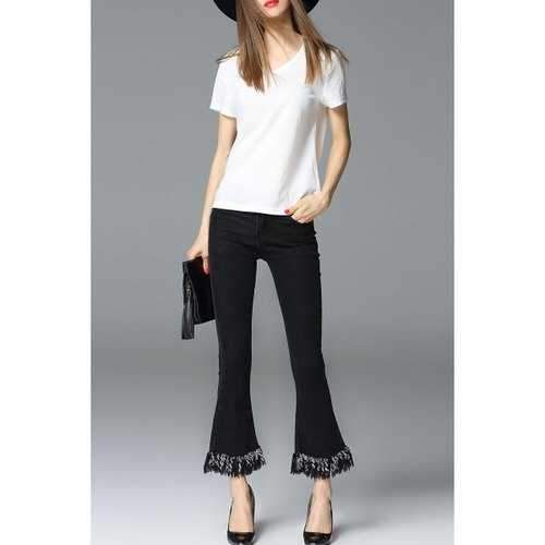 Fringe Hem Flare Jeans - Black M